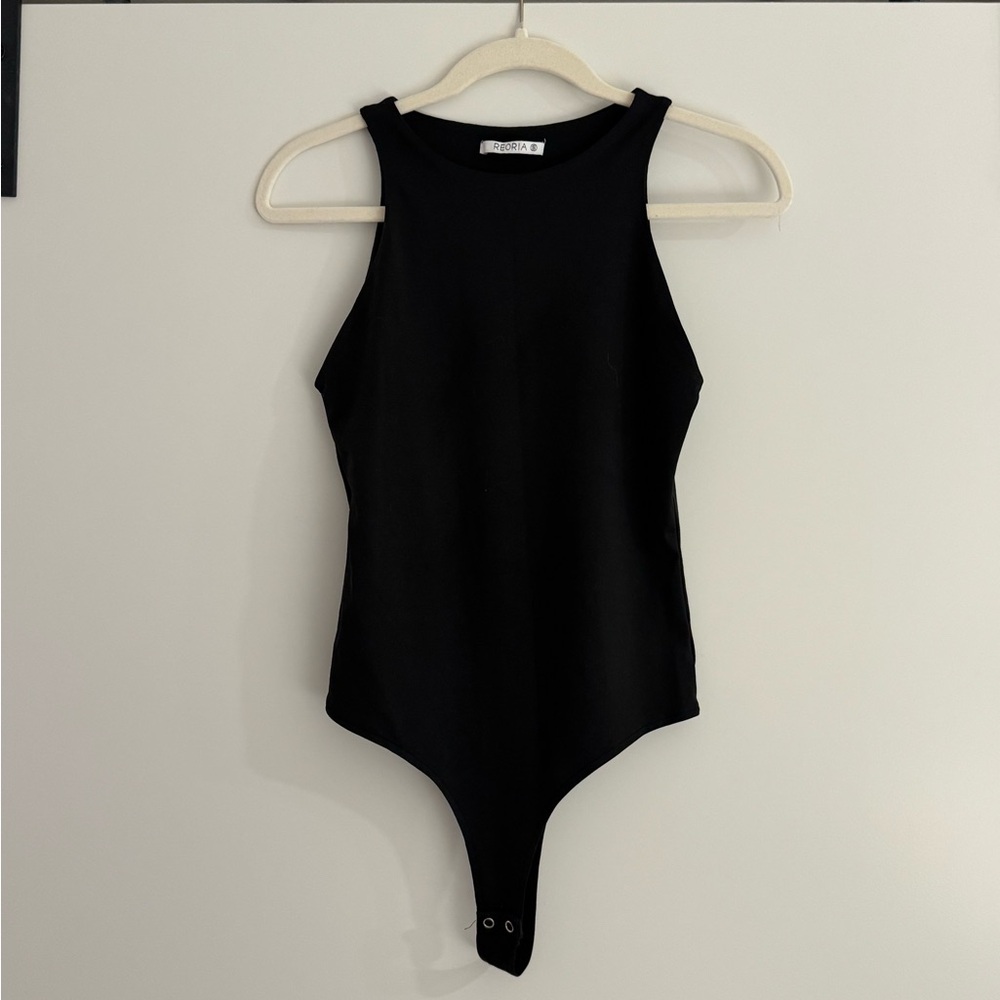 Black high-neck sleeveless bodysuit